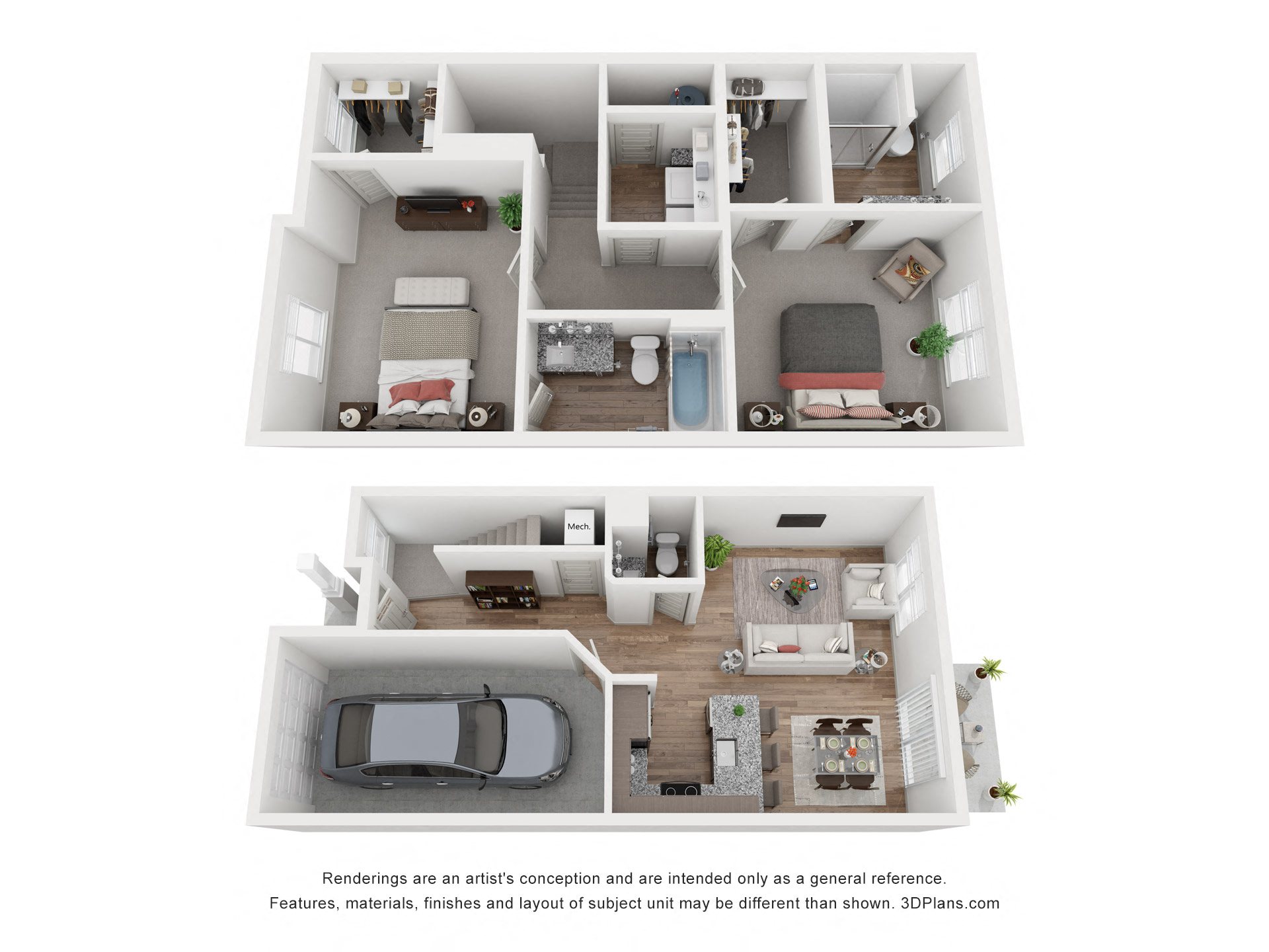 Floor plan for 2 beds, 2.5 baths, 1280 sqft